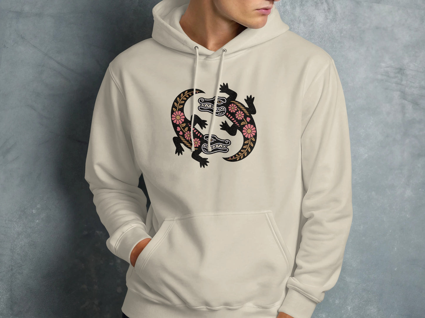Intricate Lizard Design on Cream Hoodie product type