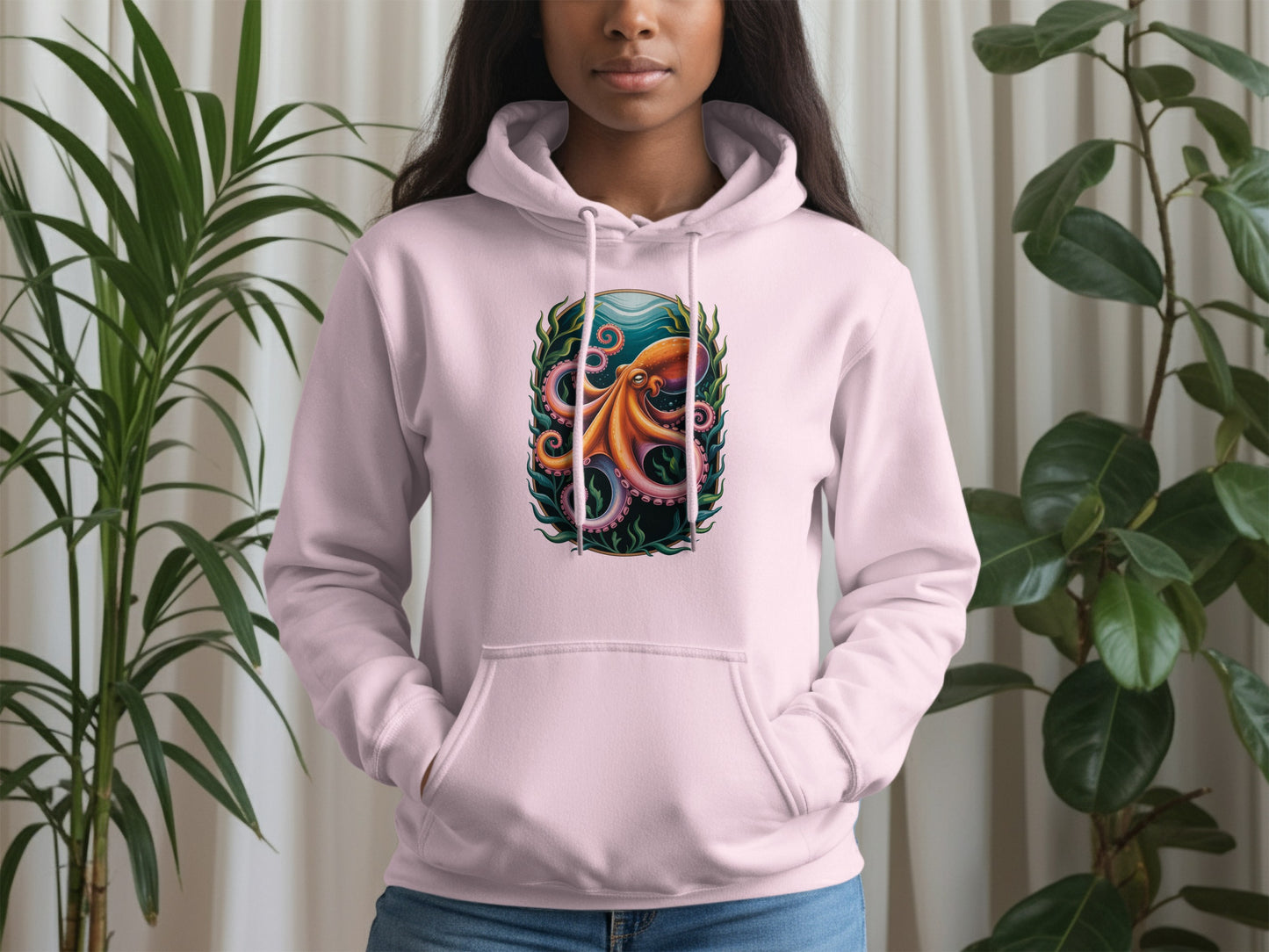 Vibrant Octopus Design on Pink Hoodie for Casual Product
